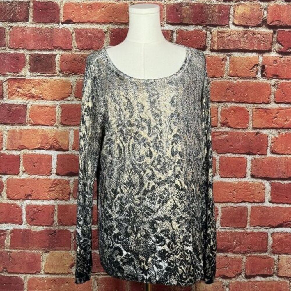 Chico's Women Long Sleeve Round Neck Blouse Black‎ Gold Size 3 (US Size Large)